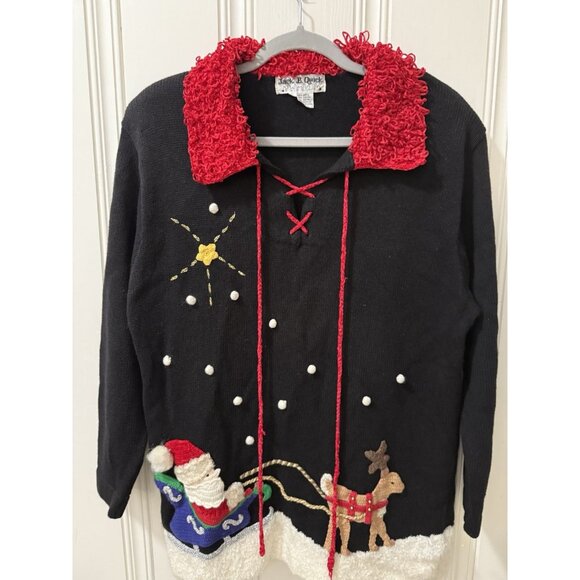 Vintage Jack B. Quick Christmas Sweater Santa Claus ugly Black Size Large - Picture 7 of 9